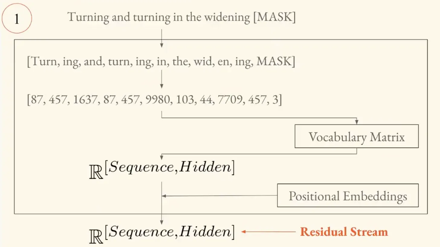 The embedding layer: tokenization, vocabulary matrix lookup, and positional embeddings producing the residual stream