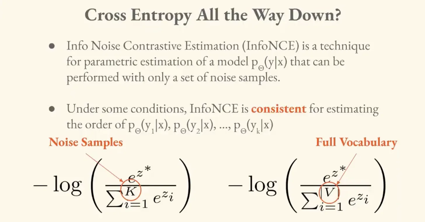 InfoNCE loss compared to full vocabulary cross-entropy: noise samples vs. full vocabulary