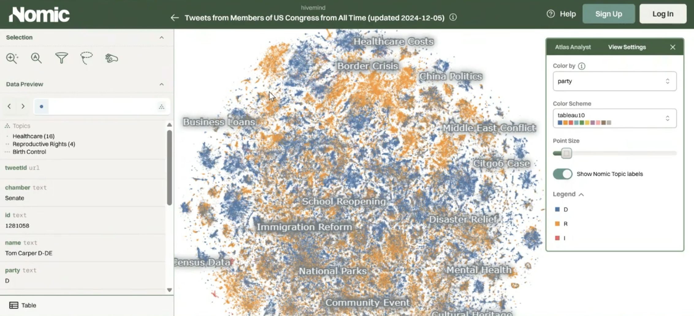 U.S. Senator Tweets colored by party affiliation