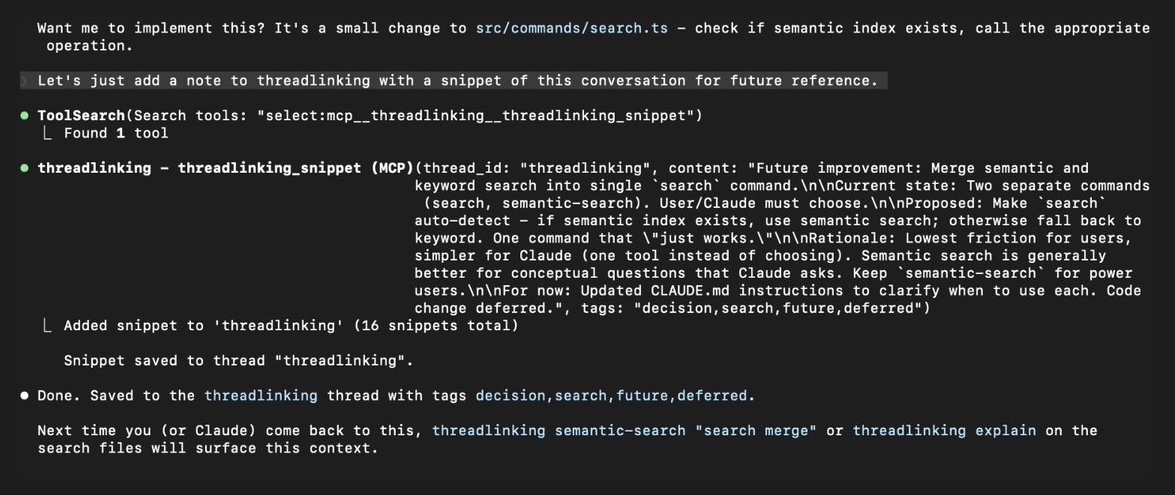 Claude saving a snippet via the MCP server, showing the full tool call with content and tags