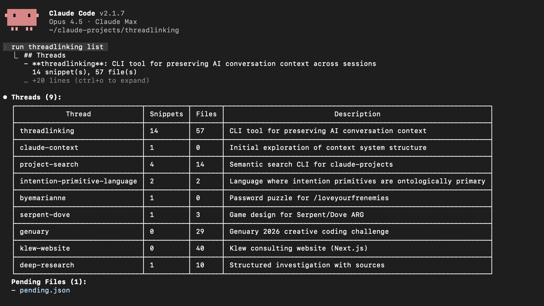 Threadlinking list output in Claude Code, showing threads with snippet counts, file counts, and descriptions in a table view