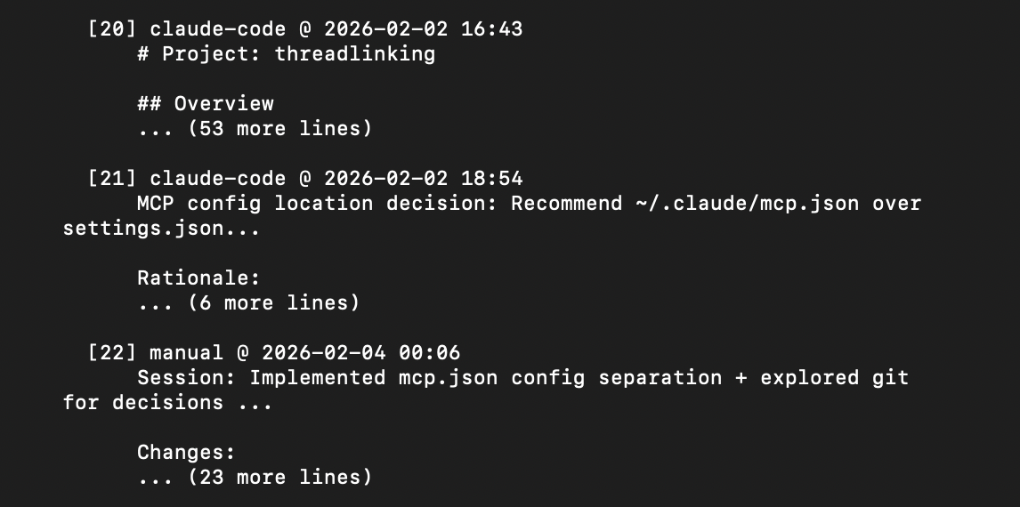 Threadlinking explain output showing snippets 20-22, including MCP config decisions and git-for-decisions exploration