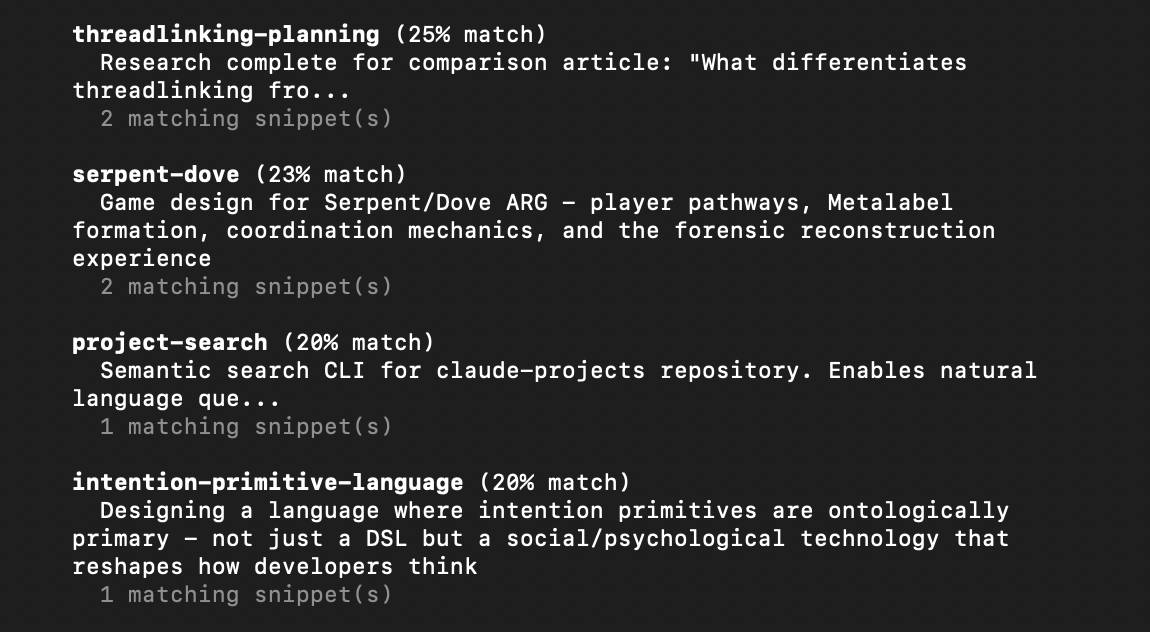 Semantic search results showing matches across threadlinking-planning, serpent-dove, project-search, and intention-primitive-language threads
