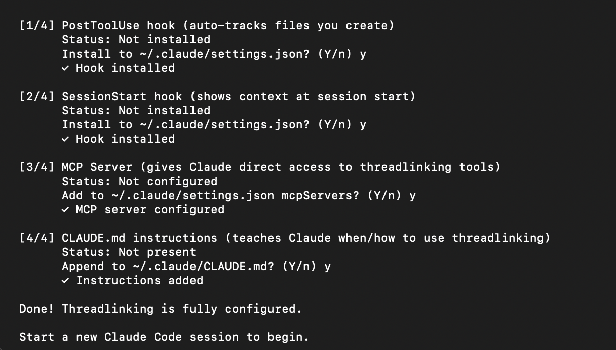 Threadlinking init setup process, showing hook installation and CLAUDE.md configuration